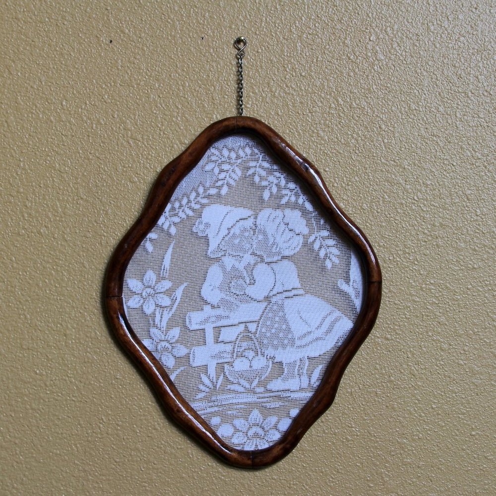 Vintage Framed Lace Artwork w/ Young Boy and Girl in a Garden Setting